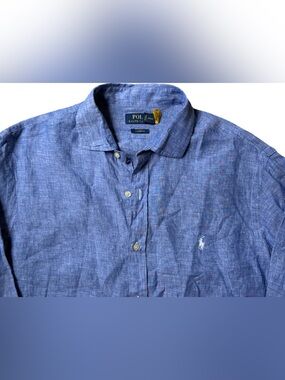 Polo Ralph Lauren Linen Shirt Mens Large XL 185/104A Blue Custom Fit Long Sleeve